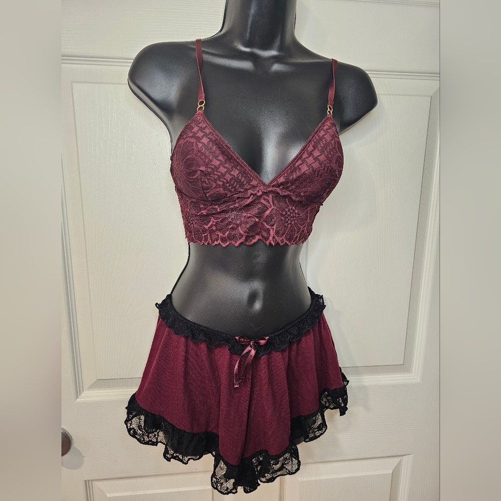 Elegant Lace Burgundy Bralette and Short Set